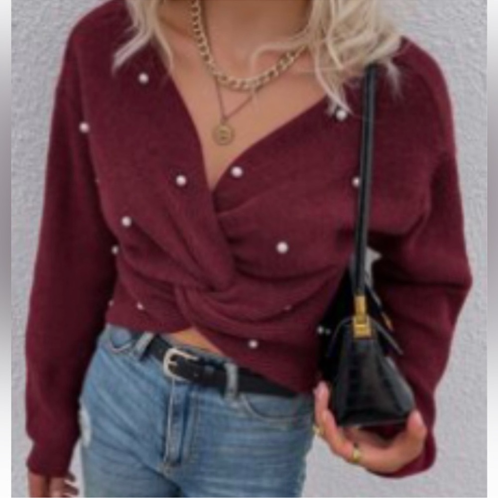 NWOT twist front pearl beaded sweater burgundy .